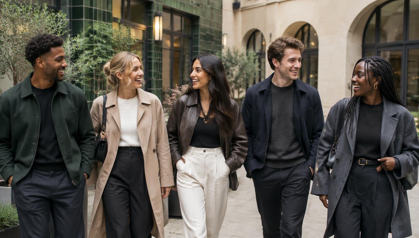 A diverse UK creative team walking together in a contemporary courtyard