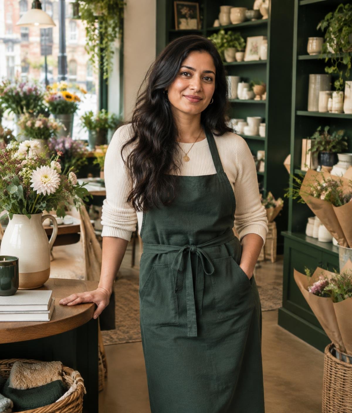 An independent UK shop owner standing confidently in her growing business