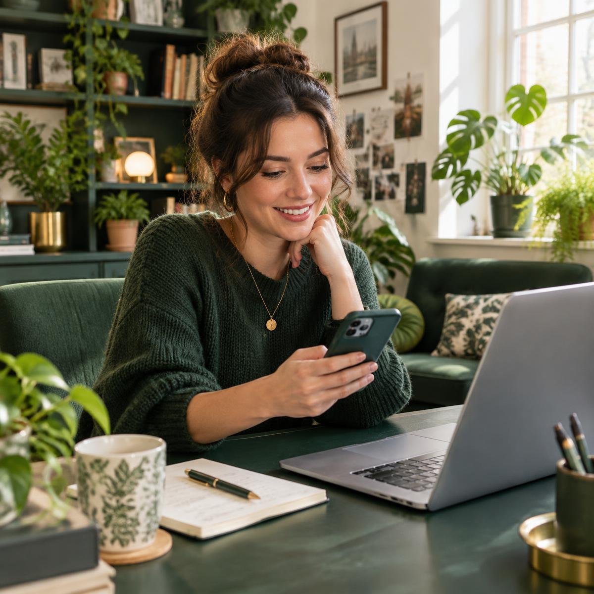 A social media manager responding to a client from a plant-filled workspace