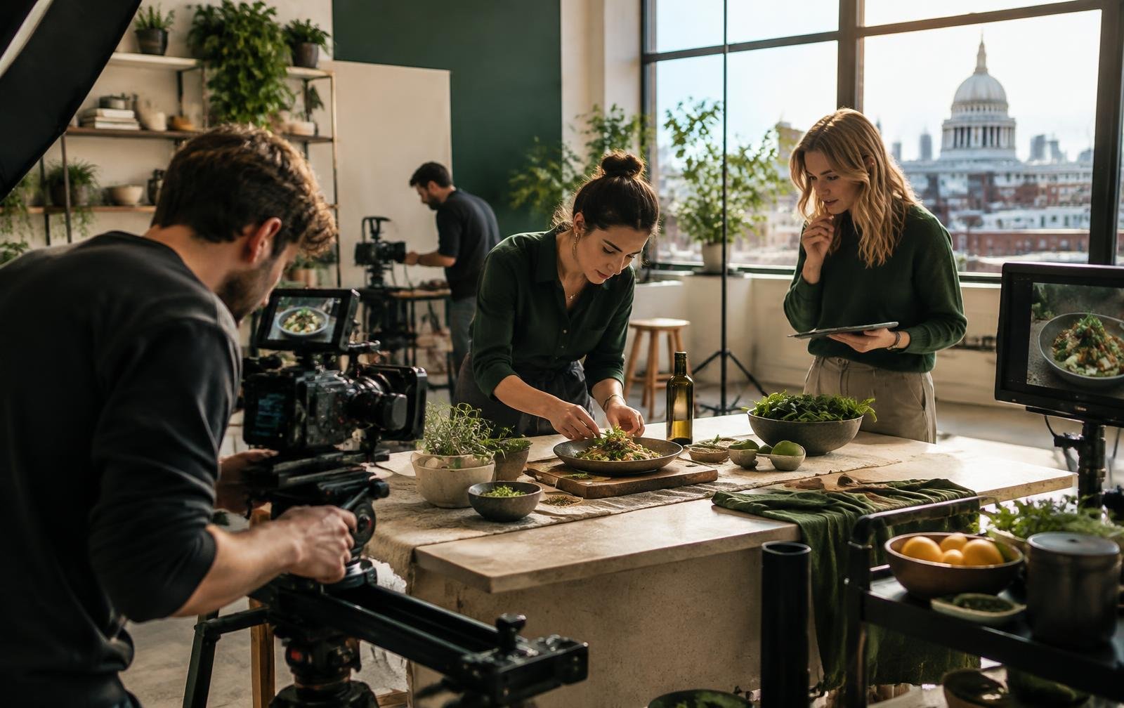 A creative production team filming a food brand campaign in a London studio