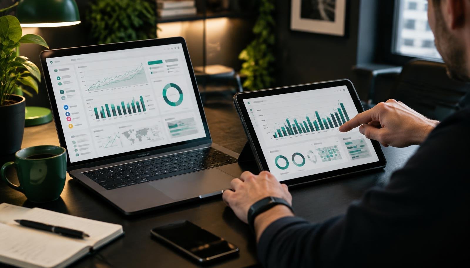 Reviewing campaign performance on a laptop