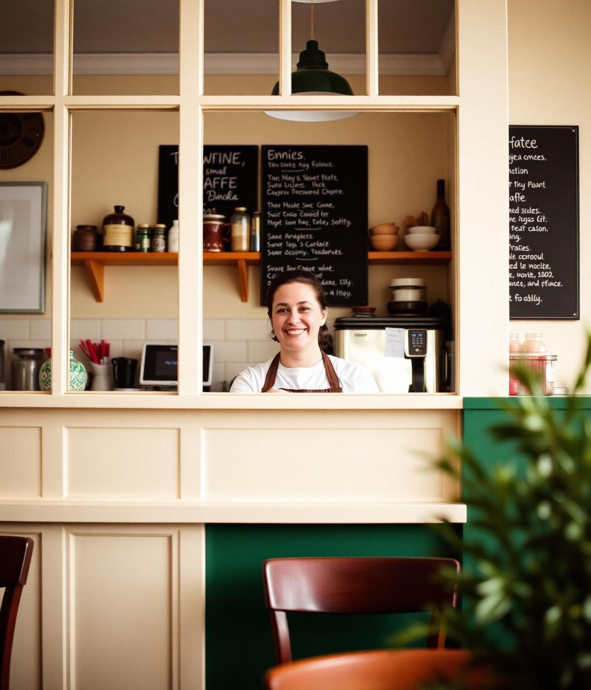 An independent café owner smiling behind the counter